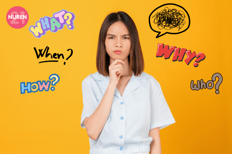 young girl in yellow backgroound curious about questions and about first periods