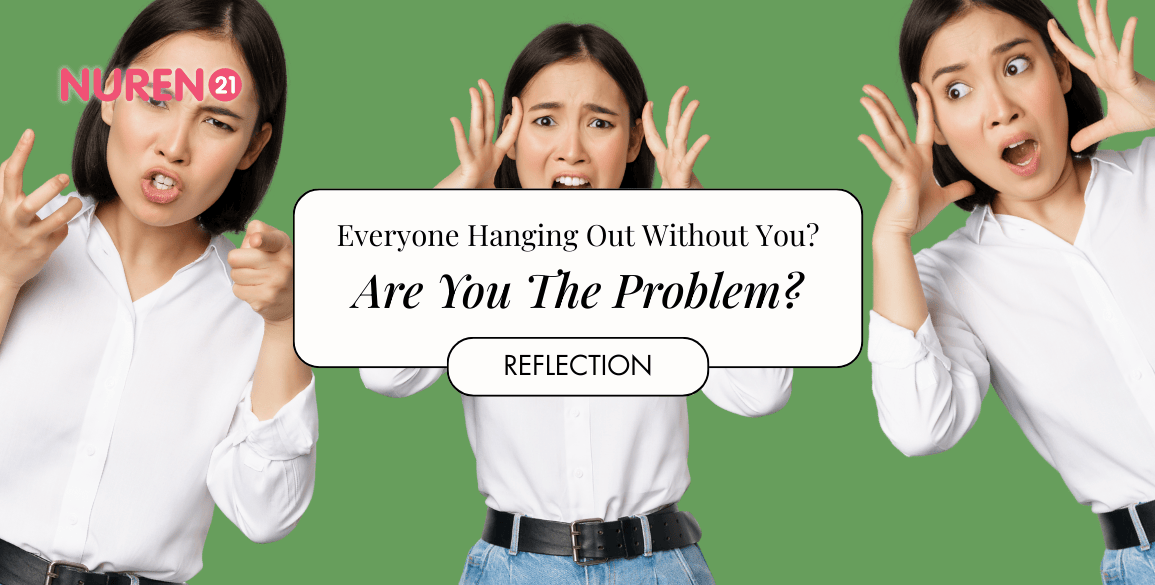 self reflecting on friends and character image of girl on isolated matcha green background shocked