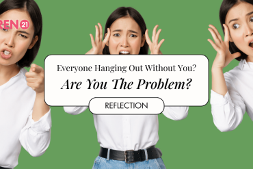 self reflecting on friends and character image of girl on isolated matcha green background shocked