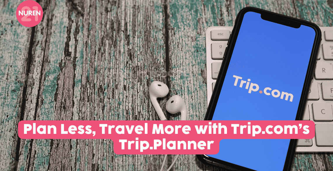 Trip.com showing on cellphone with earphones by the side