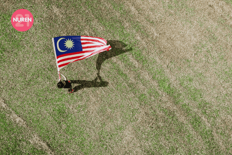 boy carrying malaysia flag on a green field on a sunny day/