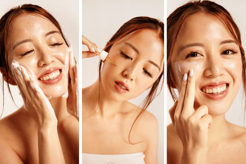 girl showing her skincare routine, radiant and happy while putting cream and serum
