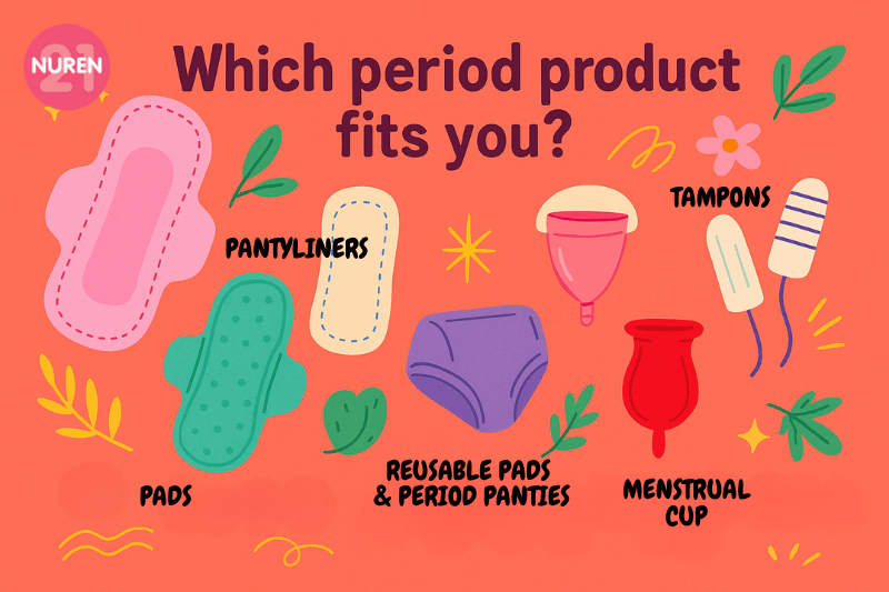 illustration of picking the right product during period such as pad reusable period underwear and tampons