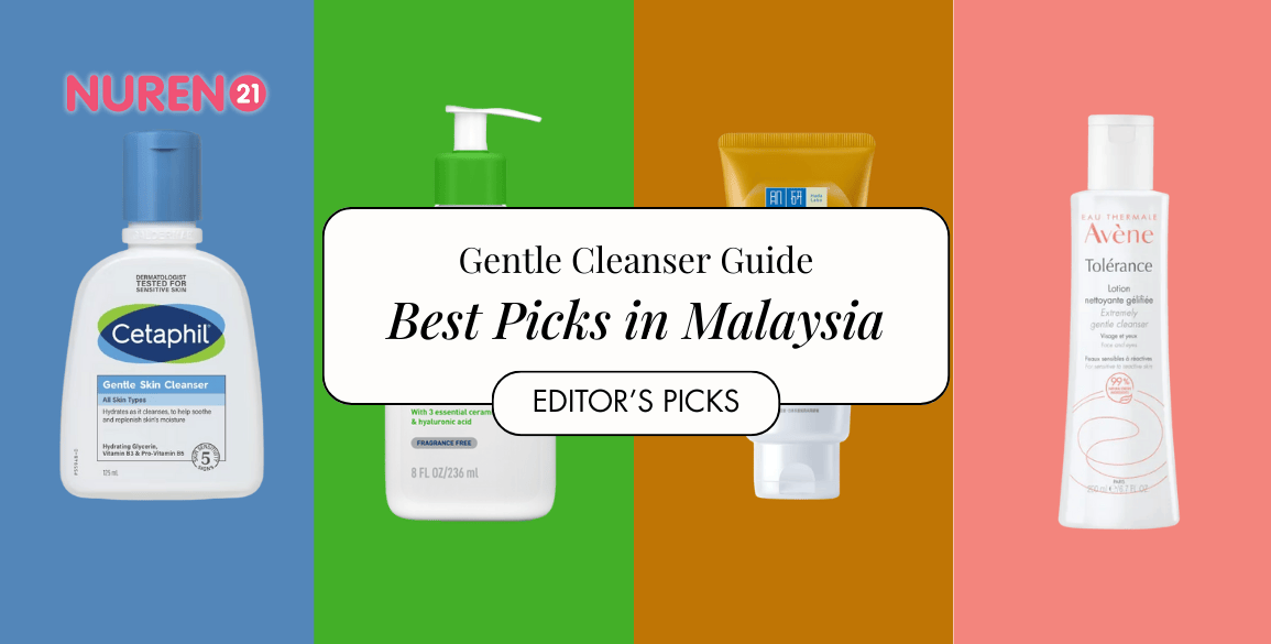gentle cleansers line up in malaysia options in drugstore cetaphil cerave hada labo and avene in isolated colourful background