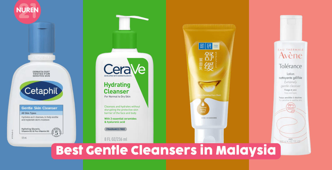 gentle cleansers line up in malaysia options in drugstore cetaphil cerave hada labo and avene in isolated colourful background