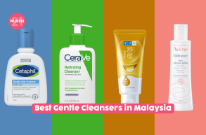 gentle cleansers line up in malaysia options in drugstore cetaphil cerave hada labo and avene in isolated colourful background