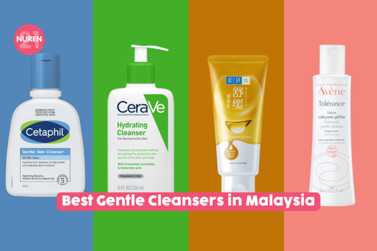 gentle cleansers line up in malaysia options in drugstore cetaphil cerave hada labo and avene in isolated colourful background