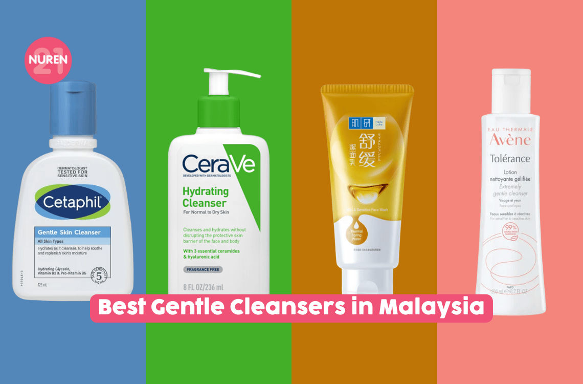 gentle cleansers line up in malaysia options in drugstore cetaphil cerave hada labo and avene in isolated colourful background