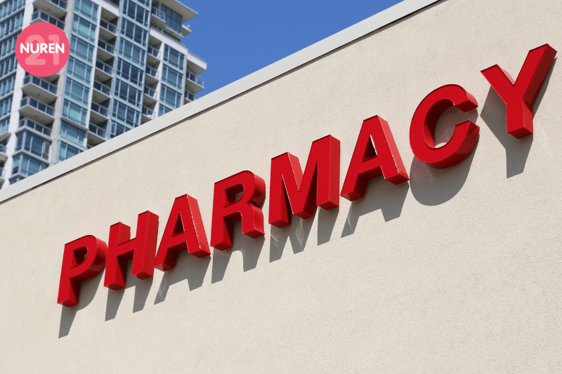 pharmacy signage in bold red colour and captial letters