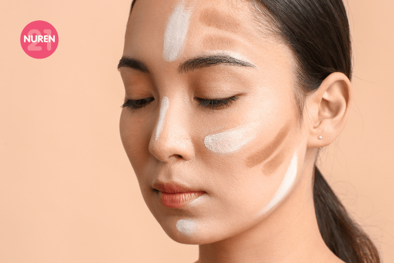 contouring for whole face setting powder contour bake on woman with hair tie back in pony tail