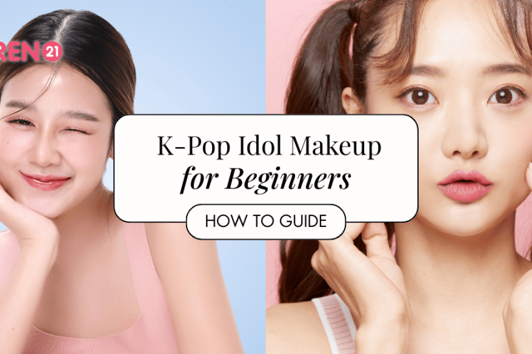 asian girl with flawless skin on isolated pink background