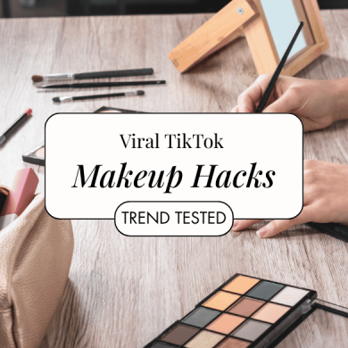 flatlay on table with make up tools for tiktok make up hacks