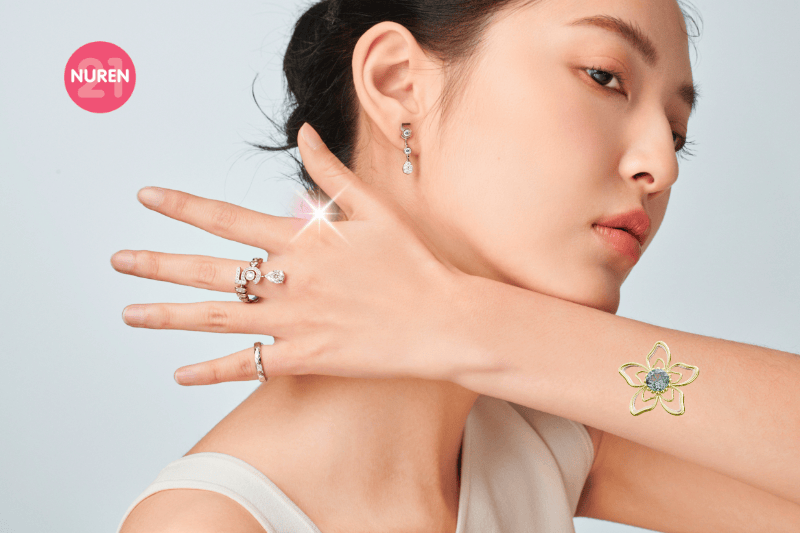 A jewellery model showing off her rings