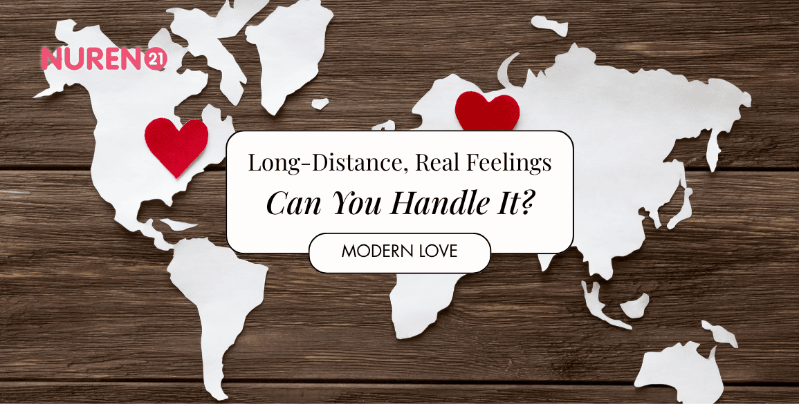 Red felt hearts and world map cut from white paper on the wooden background
