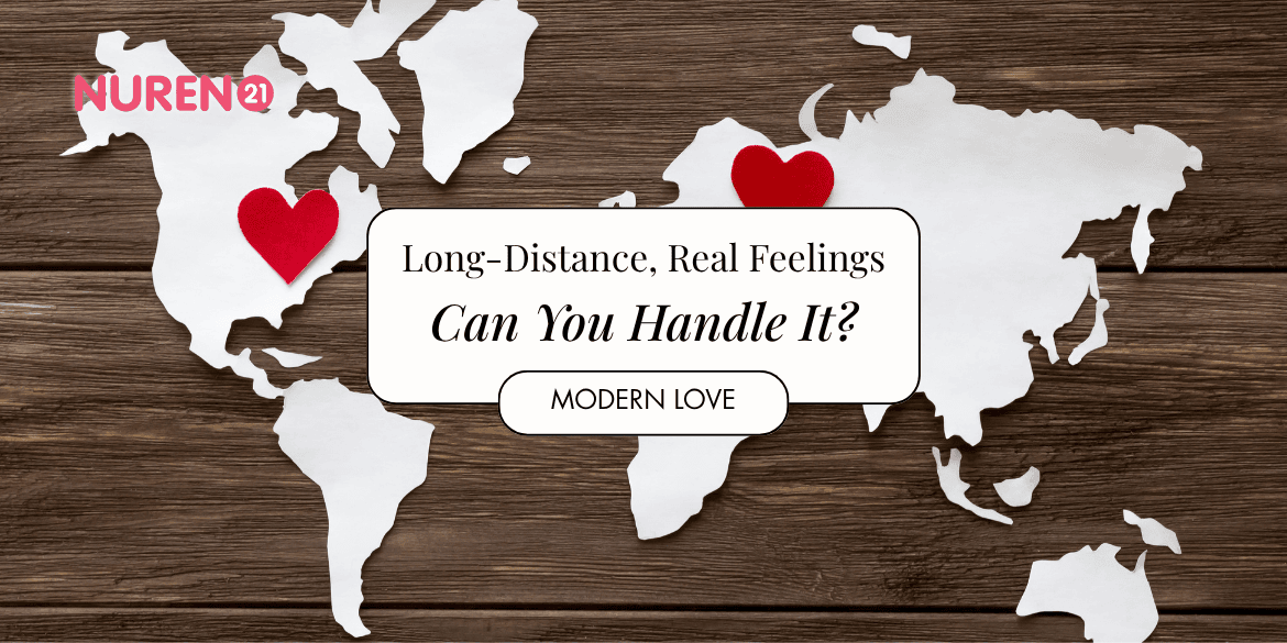 Red felt hearts and world map cut from white paper on the wooden background