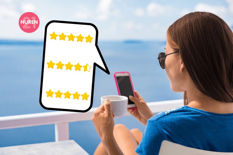 A woman with coffee on her phone