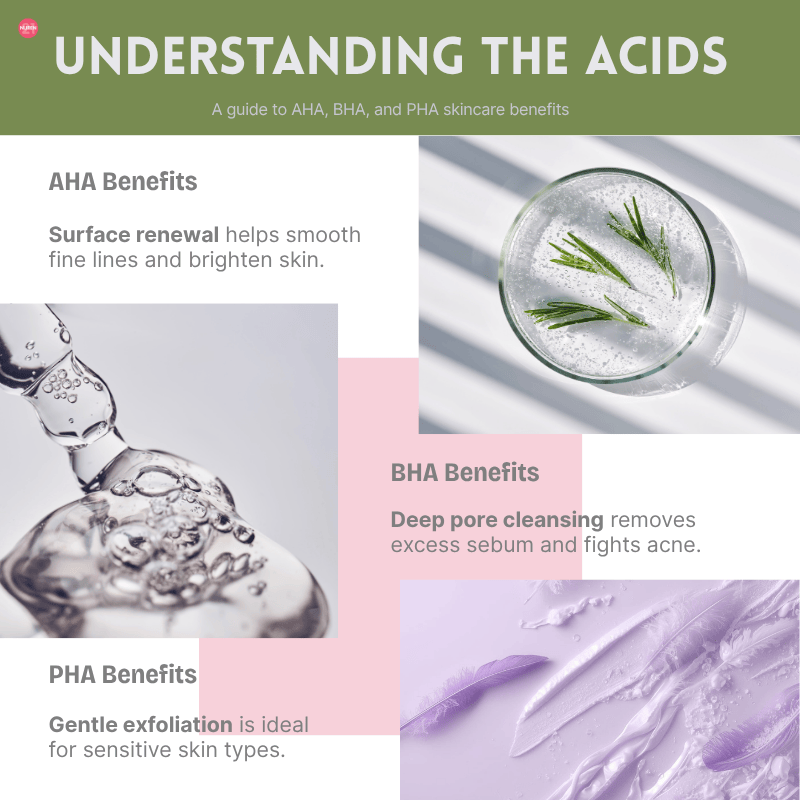 Guide for skincare benefits when using AHA, BHA and PHA acids