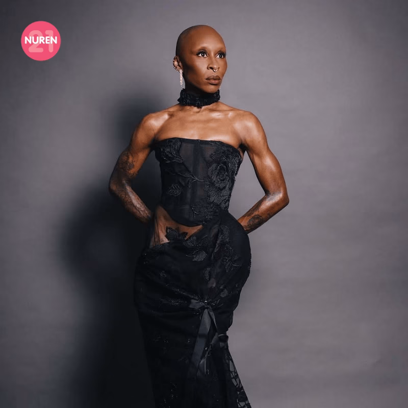 Cynthia Erivo in the studio in her WIcked dress