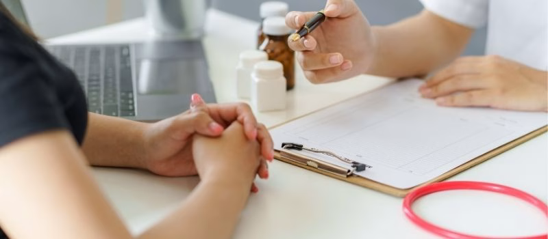 The doctor is asking about the patient's history and Treatment details describe the effect of the disease and medication
