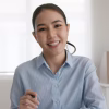 happy woman or real estate sale agent talk on webcam remote teach, advice coach in MBA learn online class for SME consult