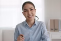 happy woman or real estate sale agent talk on webcam remote teach, advice coach in MBA learn online class for SME consult
