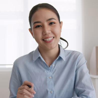 happy woman or real estate sale agent talk on webcam remote teach, advice coach in MBA learn online class for SME consult