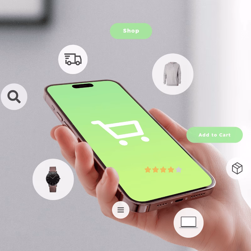 Hand holding smartphone with shopping cart icon, surrounded by floating products and eCommerce UI elements, representing mobile commerce and online retail solutions