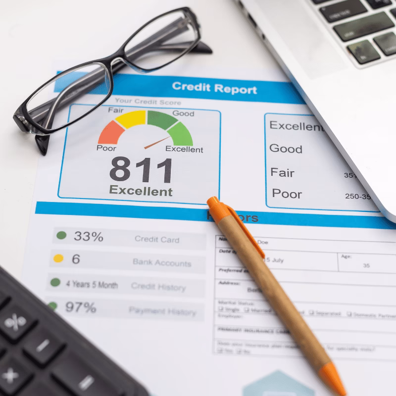Credit report with score on a desk