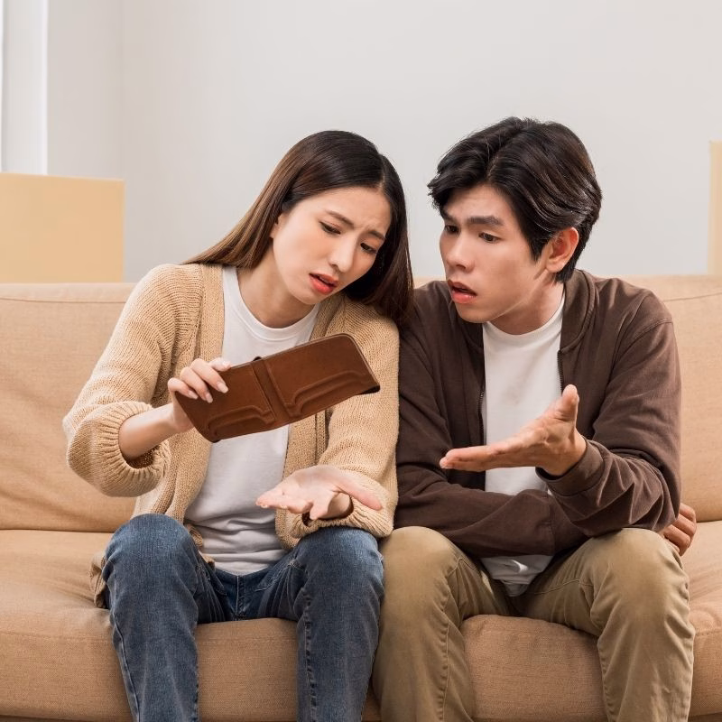 Money lost no money. Problem marriage life moving house Couple asian family man and woman buying new house has conflict moving process fight and quarrel. Stressed Asian husband and wife