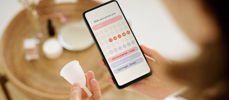 High angle shot of unrecognizable female hands holding white menstrual cup and smartphone with period calendar